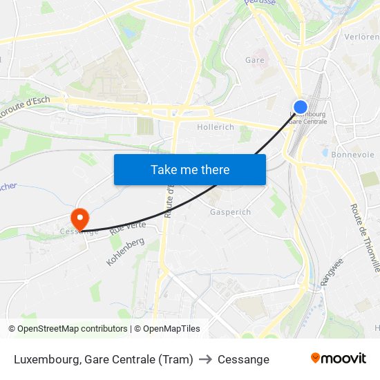 Luxembourg, Gare Centrale (Tram) to Cessange map