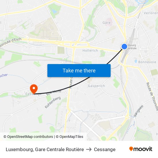 Luxembourg, Gare Centrale Routière to Cessange map