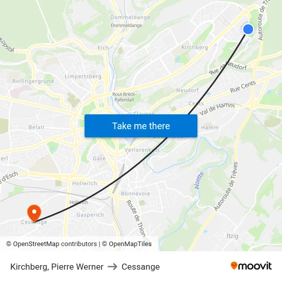 Kirchberg, Pierre Werner to Cessange map