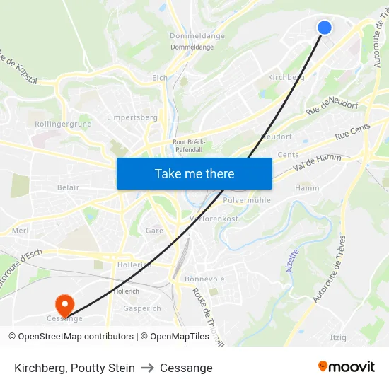 Kirchberg, Poutty Stein to Cessange map