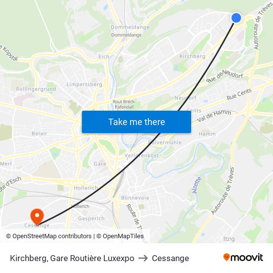 Kirchberg, Gare Routière Luxexpo to Cessange map
