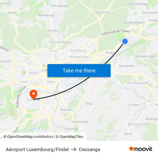 Aéroport Luxembourg/Findel to Cessange map