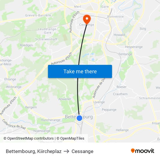 Bettembourg, Kiircheplaz to Cessange map