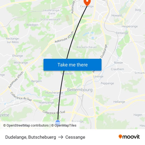 Dudelange, Butschebuerg to Cessange map