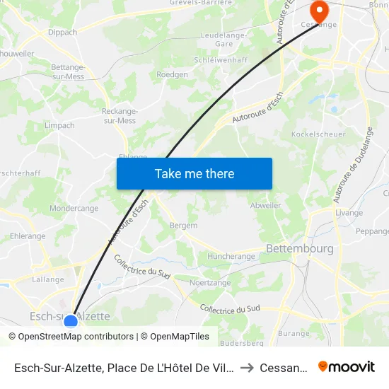 Esch-Sur-Alzette, Place De L'Hôtel De Ville to Cessange map