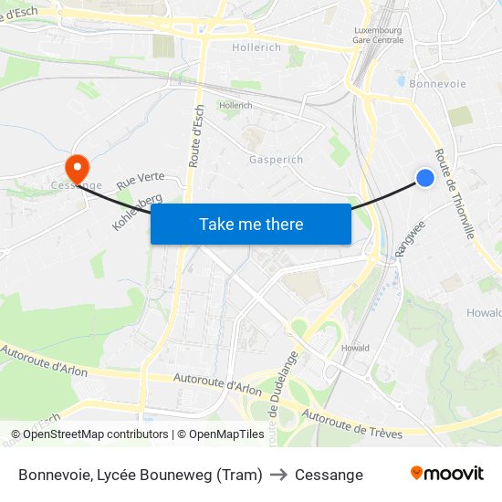 Bonnevoie, Lycée Bouneweg (Tram) to Cessange map