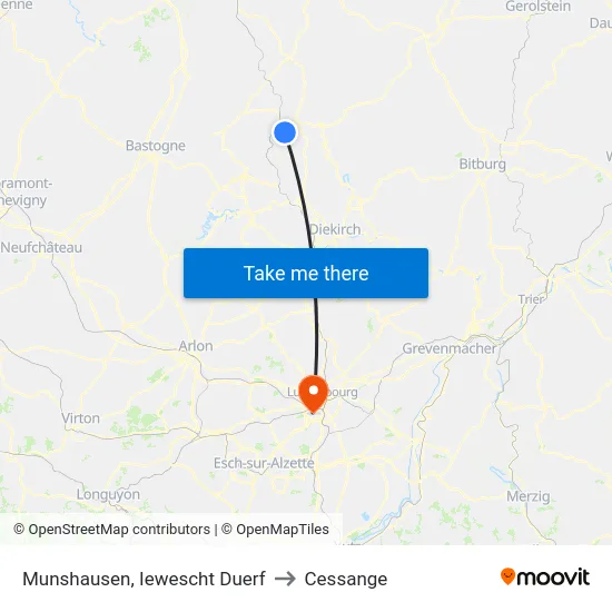 Munshausen, Iewescht Duerf to Cessange map