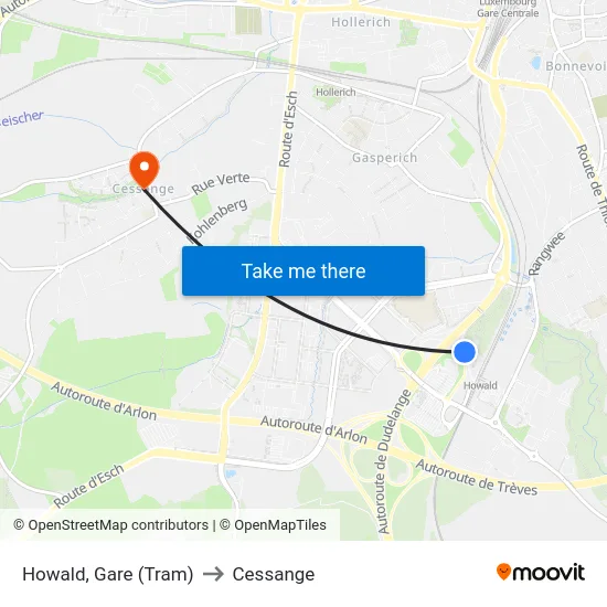 Howald, Gare (Tram) to Cessange map
