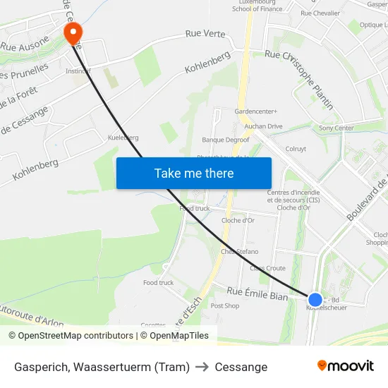 Gasperich, Waassertuerm (Tram) to Cessange map