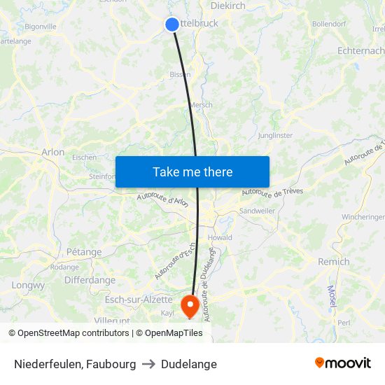 Niederfeulen, Faubourg to Dudelange map