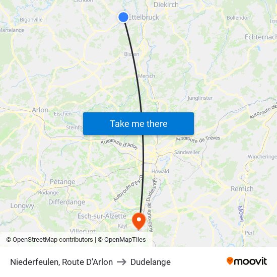 Niederfeulen, Route D'Arlon to Dudelange map