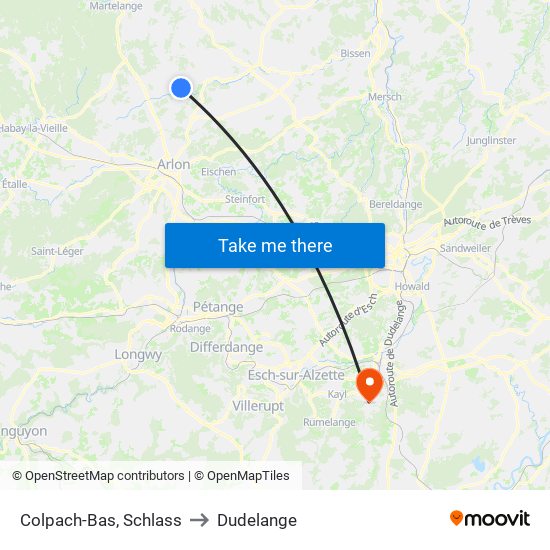 Colpach-Bas, Schlass to Dudelange map