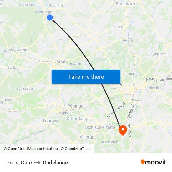 Perlé, Gare to Dudelange map