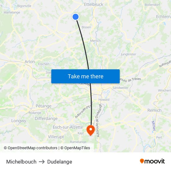 Michelbouch to Dudelange map