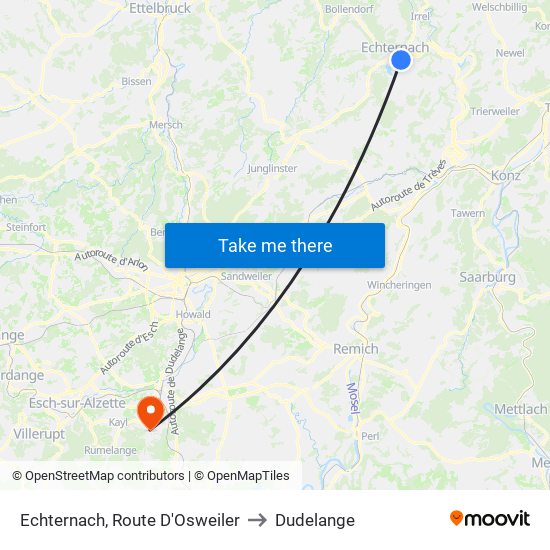 Echternach, Route D'Osweiler to Dudelange map