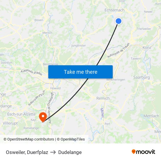 Osweiler, Duerfplaz to Dudelange map