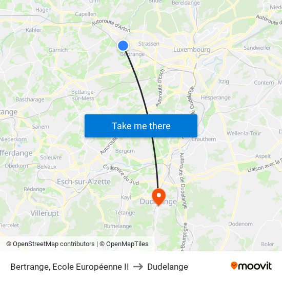 Bertrange, Ecole Européenne II to Dudelange map