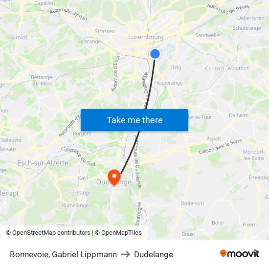 Bonnevoie, Gabriel Lippmann to Dudelange map