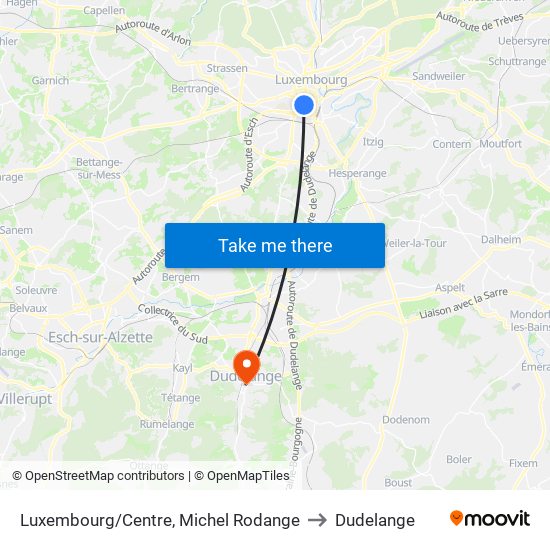 Luxembourg/Centre, Michel Rodange to Dudelange map