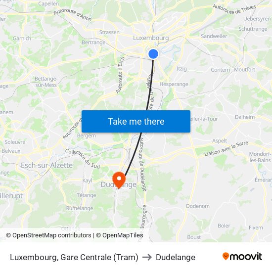 Luxembourg, Gare Centrale (Tram) to Dudelange map