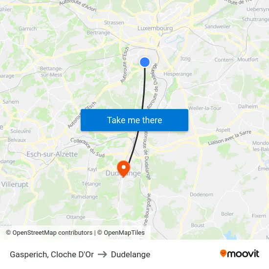 Gasperich, Cloche D'Or to Dudelange map