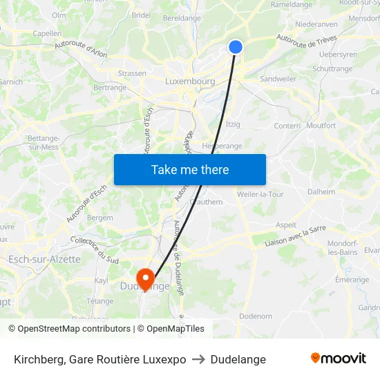 Kirchberg, Gare Routière Luxexpo to Dudelange map