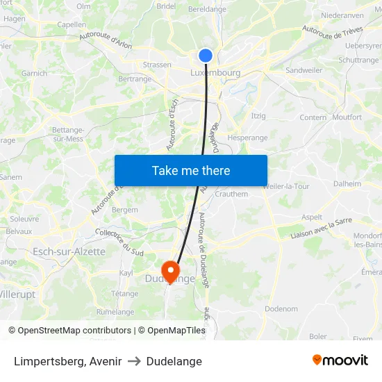 Limpertsberg, Avenir to Dudelange map