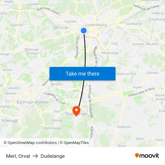Merl, Orval to Dudelange map