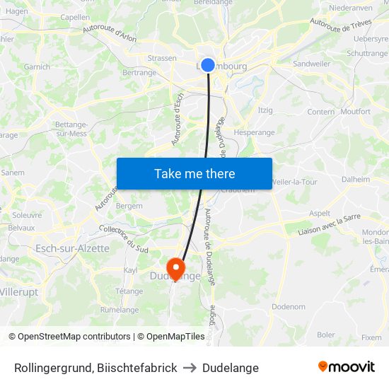 Rollingergrund, Biischtefabrick to Dudelange map