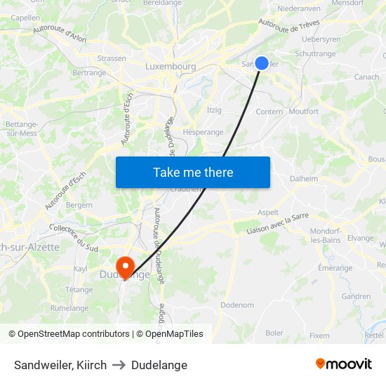 Sandweiler, Kiirch to Dudelange map