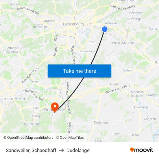 Sandweiler, Schaedhaff to Dudelange map