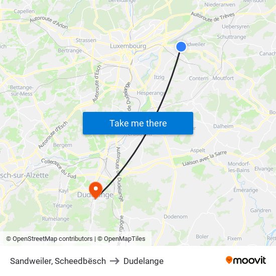 Sandweiler, Scheedbësch to Dudelange map