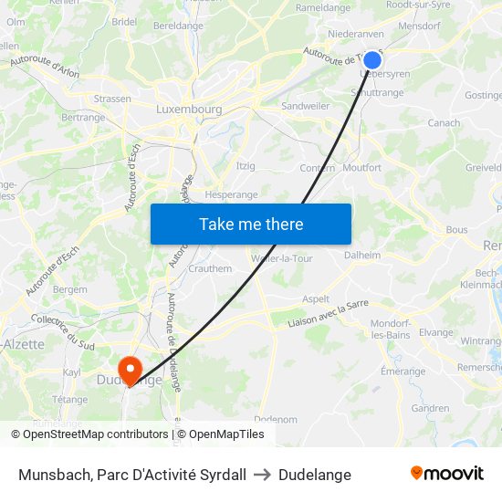 Munsbach, Parc D'Activité Syrdall to Dudelange map