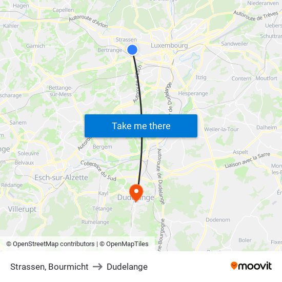 Strassen, Bourmicht to Dudelange map