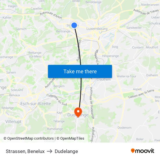 Strassen, Benelux to Dudelange map