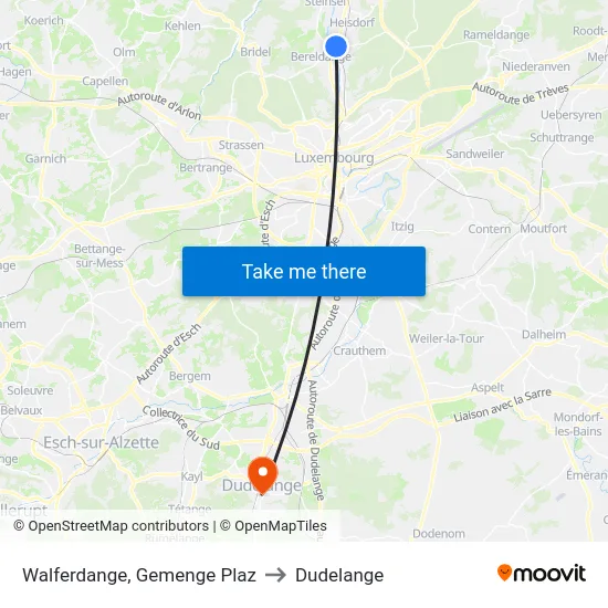 Walferdange, Gemenge Plaz to Dudelange map