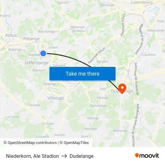 Niederkorn, Ale Stadion to Dudelange map