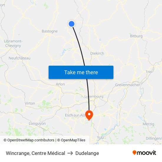 Wincrange, Centre Médical to Dudelange map