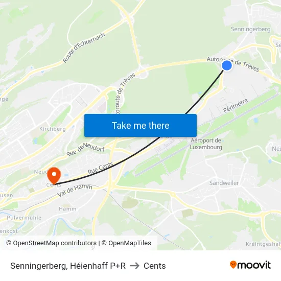 Senningerberg, Héienhaff P+R to Cents map