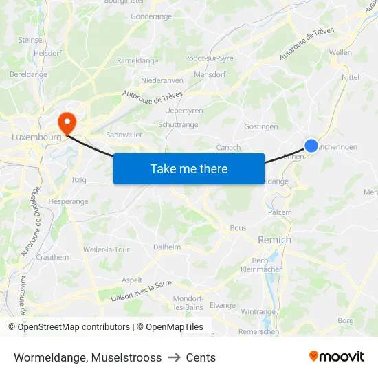 Wormeldange, Muselstrooss to Cents map
