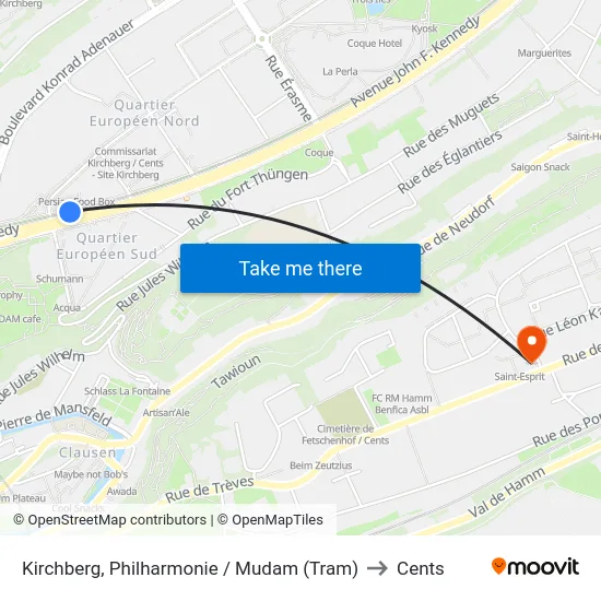 Kirchberg, Philharmonie / Mudam (Tram) to Cents map