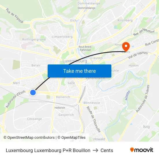 Luxembourg Luxembourg P+R Bouillon to Cents map