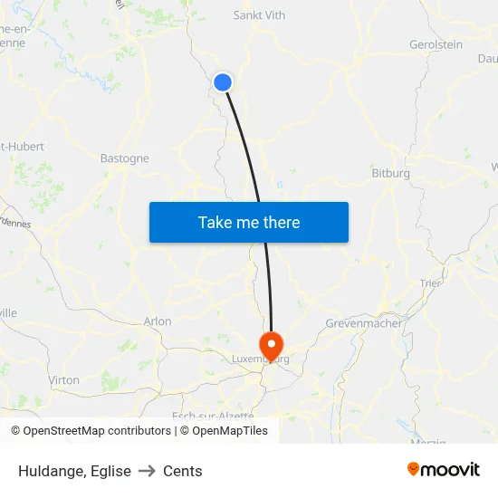 Huldange, Eglise to Cents map