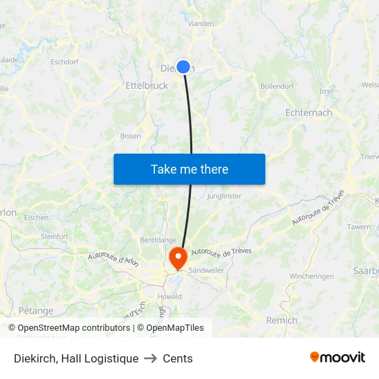 Diekirch, Hall Logistique to Cents map