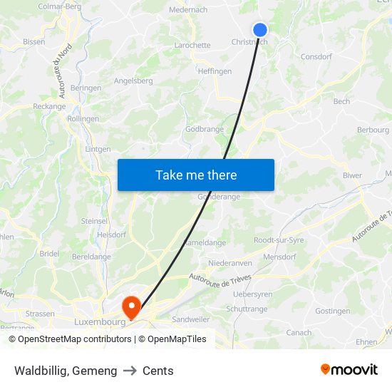 Waldbillig, Gemeng to Cents map