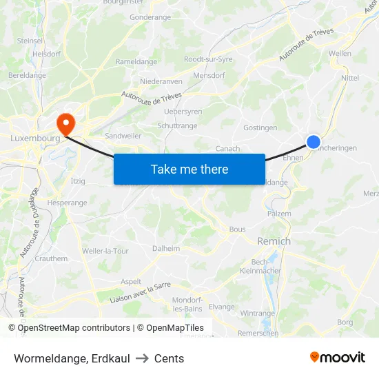Wormeldange, Erdkaul to Cents map