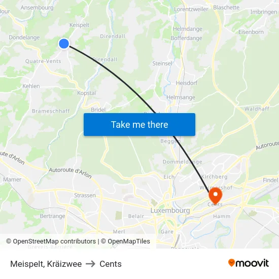 Meispelt, Kräizwee to Cents map