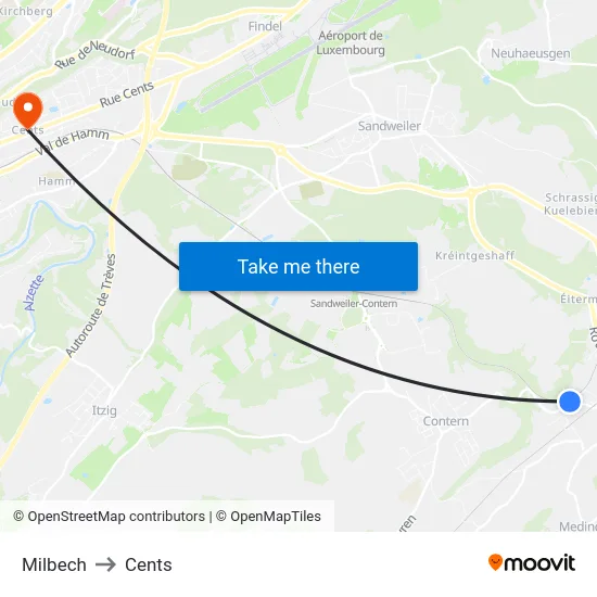 Milbech to Cents map