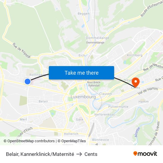 Belair, Kannerklinick/Maternité to Cents map