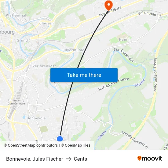 Bonnevoie, Jules Fischer to Cents map